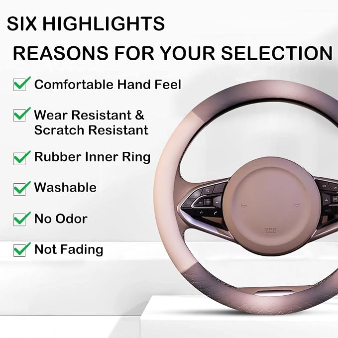 Steering Wheel Cover, Gray White Leather Steering Wheel Cover 14.5-15 Inch Non-Slip Breathable Microfiber Car Steering Wheel Covers for Men Women