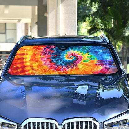 Rainbow Tie Dye Swirl Windshield Sunshade Car Sun Shade Blocks UV Rays Visor Protector Accordion Folding Sun Reflector Auto Sunshade for Truck SUV