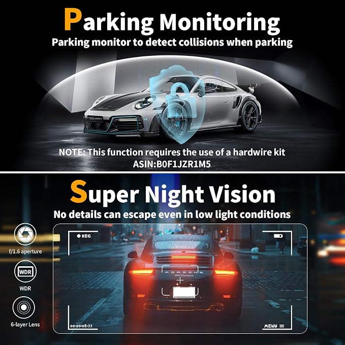 Dash Cam Front and Rear: 4K Dual Channel Dash Cam - 5GHz WiFi, Dash Camera for Cars with 64GB Card, 2" IPS, App Control, G-Sensor, Loop Recording, 170° Wide Angle, Night Vision, 24H Parking Mode