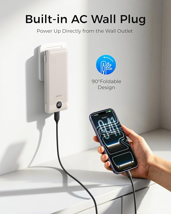 VEGER Portable Charger with Built-in AC Plug and Cables, All in One 10000mAh Ultra Slim Power Bank Emergency Fast Charging for Travel Battery Pack Compatible with iPhone, Samsung, Android, Coffee