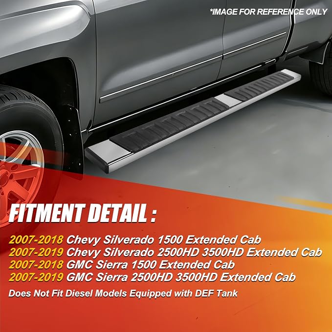 6.7" Running Boards Side Steps for Truck Compatible with 2007-2019 Chevy Silverado/GMC Sierra 1500 2500HD 3500HD Extended Cab, Stainless Steel Flat Side Steps Nerf Bars, Chrome