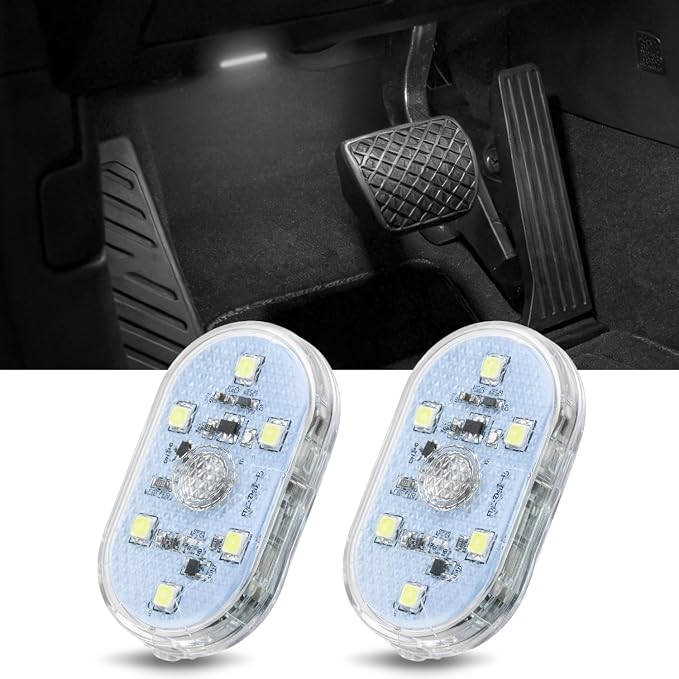 Nilight Wireless Magnetic LED Interior Lights, 2 PCS White USB Rechargeable Universal Mini Sticky Footwell Ambient Atmosphere Reading Lamp with Touch Sensor, Portable Night Lighting for Car Truck