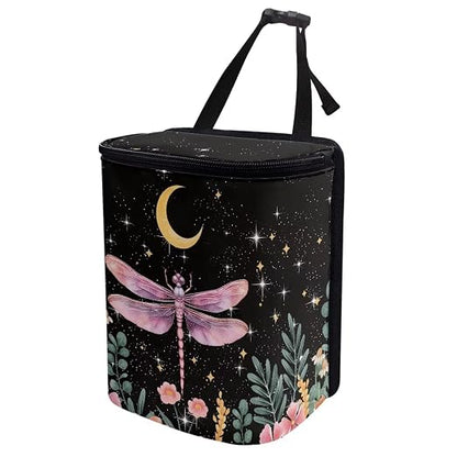 Talayituse Dragonfly Flower Moon Print Car Trash Can with Lid, Leak Proof Auto Trash Bag Hanging Vehicle Garbage Can Multipurpose Storage Container for Back Seat Road Trip