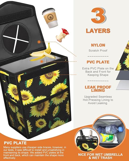 Pritent Car Trash Can with Lid, Cute Leakproof Car Trash Garbage Bag Hanging Vehicle Trash Bin Small Portable Automotive Garbage Cans Organizer for Back/Front Seat/Console(2.8 Gallons,Sunflower)