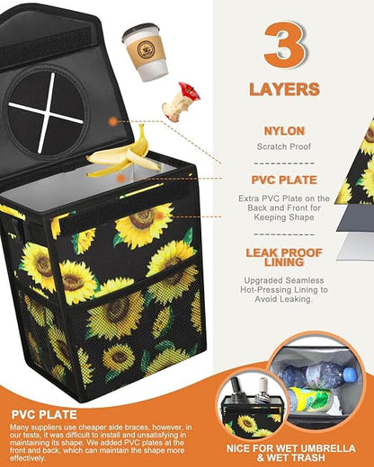 Pritent Car Trash Can with Lid, Cute Leakproof Car Trash Garbage Bag Hanging Vehicle Trash Bin Small Portable Automotive Garbage Cans Organizer for Back/Front Seat/Console(2.8 Gallons,Sunflower)