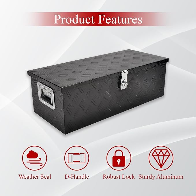30''Inch Aluminum Truck Tool Box Truck Bed Toolbox Truck Trailer Chest Box Underbody Storage Organizer Waterproof Square Storage Organizer w/Side Handle Lock & Keys Black(‎30" Lx13 Wx10 H)