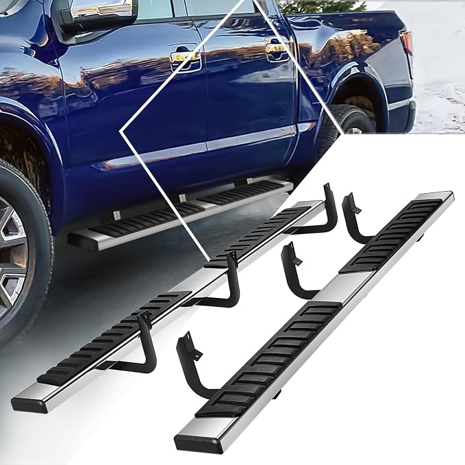 6.75" Running Boards Compatible with 2004-2024 Nissan Titan XD Crew Cab | Pair of Stainless Steel Flat Side Step Nerf Bars for Truck, Heavy Duty Polished Chrome Step Bars
