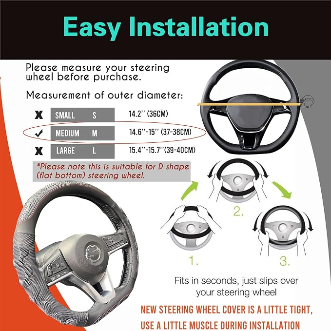 PINCTROT D Shaped 14.5-15 Inch Steering Wheel Cover Great Grip with 3D Honeycomb Anti-Slip Design, Flat Bottom 14.5-15 Inch (Black/Red Stitch)