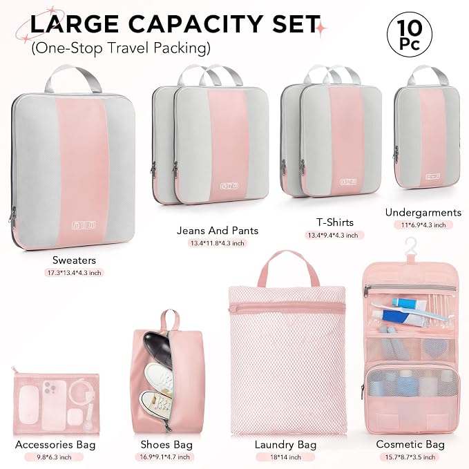 OlarHike 10-Pack Compression Packing Cubes for Travel Essentials,Compressible Expandable Packing Cubes for Suitcase,Luggage Garment Bags for Travel,Handy Helper for Organizing Clothes(Pink)