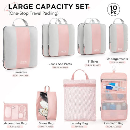 OlarHike 10-Pack Compression Packing Cubes for Travel Essentials,Compressible Expandable Packing Cubes for Suitcase,Luggage Garment Bags for Travel,Handy Helper for Organizing Clothes(Pink)