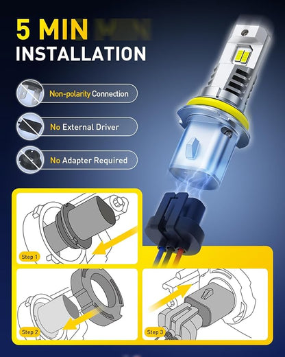 AUXITO 9007 LED Bulbs Combo, 40,000LM Super Brighter, 1:1 Halogen Mini Size, 6500K White HB5 Driving Light Bulbs, Plug and Play,Pack of 2