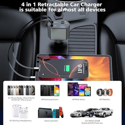 66W Retractable Car Charger,CarCharger Fast Charging 4 in 1 Car Phone Charger Retractable USB C Cable,Type C to Lightning Cord,USB C Port and USB A Port Fast Charging for iPhone 16/15/14,iPad