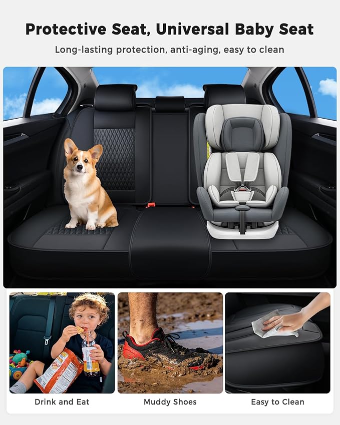 Huidasource Back Seat Covers, Luxury Nappa Leather Rear Seat Cover with Velcro Adjustable, Child Seats, Ventilation Holes, Seat Belts, Car Back Seat Cover Universal Fit for Most Cars SUV Trucks, Black
