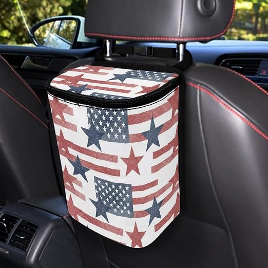 Talayituse Star American Flag Print Car Trash Bin, Large Size Auto Trash Can Adjustable Portable Garbage Can with Lid, Vehicle Hanging Bag for Headrest Front Back Seat 4th of July Decor