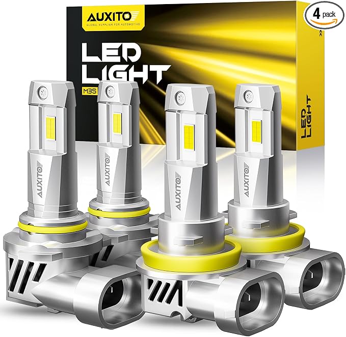 AUXITO Upgraded 9005/HB3 H11/H8/H9 Bulbs Combo, 900% Highly Bright 6500K Cool White, Real 1:1 Mini Size, Canbus Direct Install Plug and Play, Pack of 4