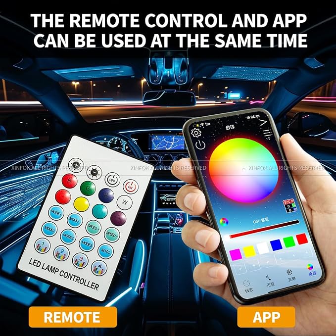 Ambient Lighting Car Led Lights Interior with APP, USB Powered Acrylic Neon Flexible Strip Fiber Optic LED Ambient Lighting kit,4 in 1 Car Center Console Dashboard RGB Sound Active Music Lights Sync