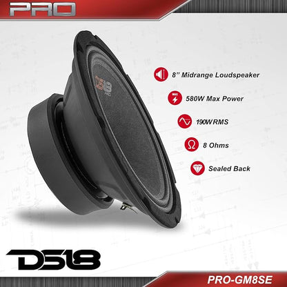 DS18 PRO-GM8SE Loudspeaker - 8", Midrange, Sealed Back, 480W Max, 140W RMS, 8 Ohms - Premium Quality Audio Door Speakers for Car or Truck Stereo Sound System (1 Speaker)