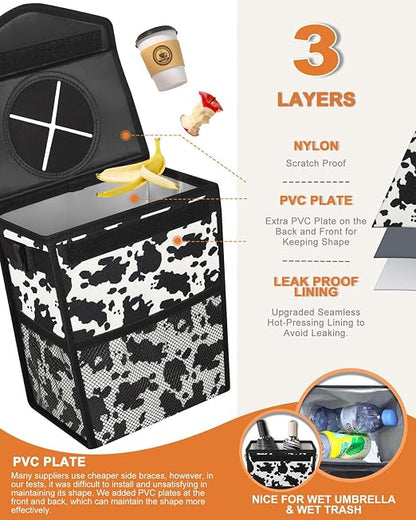 Pritent Car Trash Can with Lid, Cute Leakproof Car Trash Garbage Bag Hanging Vehicle Trash Bin Small Portable Automotive Garbage Cans Organizer for Back/Front Seat/Console(2.8 Gallons,Cow Print)