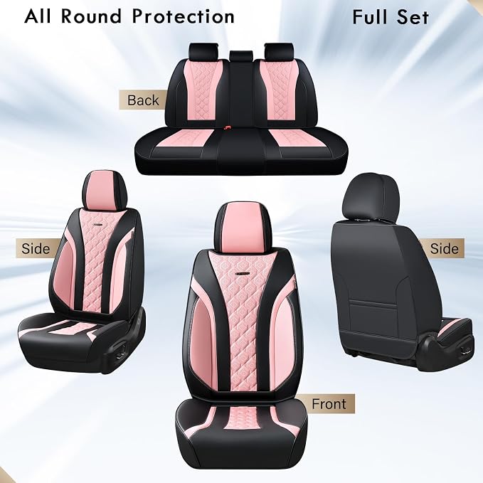 Coverado Car Seat Covers, Black Pink Leather Seat Covers Full Set, Perforated Diamond Leather Car Seat Cover, Waterproof Car Seat Protector Universal 5 Seats Seat Covers Fit for Most Cars SUV Trucks