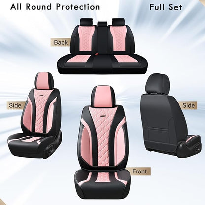 Coverado Car Seat Covers, Black Pink Leather Seat Covers Full Set, Perforated Diamond Leather Car Seat Cover, Waterproof Car Seat Protector Universal 5 Seats Seat Covers Fit for Most Cars SUV Trucks