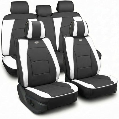 FH Group Ultra Comfort Highest Grade Faux Leather Full Set Cushion Pads Car Seat Covers for Front and Rear– Universal Fit for Cars Trucks & SUVs (White/Black)