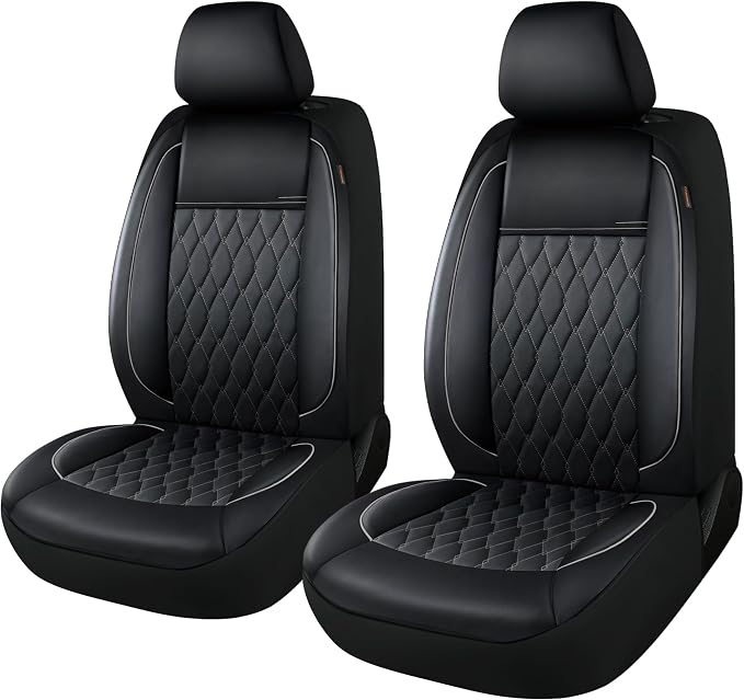 CAROMOP Faux Leather Car Seat Covers 2 Front Set,Luxury and Comfortable Seat Covers for Cars, Airbag Compatible Car Interior Covers, Universal Fit for Suvs,Vans,Trucks(Black/Grey)