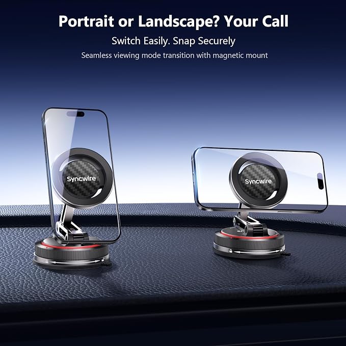 SYNCWIRE for MagSafe Car Mount [3-Axis] Nano Adhesive Gel + Strong Suction Cup Magnetic Phone Holder for Dashboard & Windshield, 360° Adjustable for iPhone 17 16 15 14 13 12, Samsung, Carbon Fiber