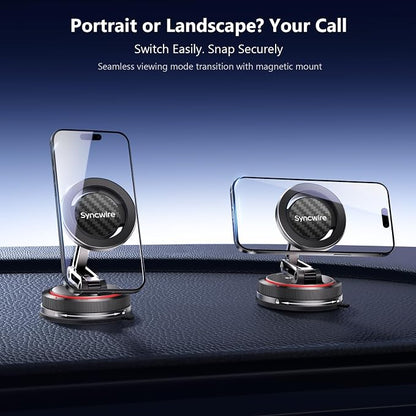 SYNCWIRE for MagSafe Car Mount [3-Axis] Nano Adhesive Gel + Strong Suction Cup Magnetic Phone Holder for Dashboard & Windshield, 360° Adjustable for iPhone 17 16 15 14 13 12, Samsung, Carbon Fiber