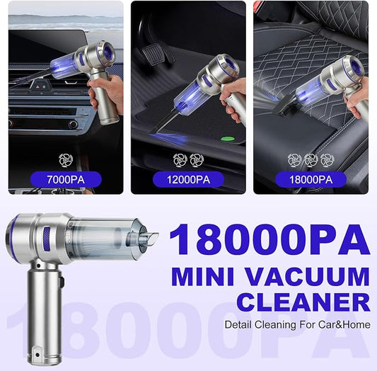 Handheld Car Vacuum Portable Cordless - 18000PA High Power with Brushless Motor, 4-in-1 Air Duster, Blower, Pump & Rechargeable Mini Vacuum for Car, Home, Office (Silver Grey+Blue)