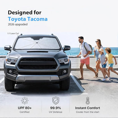2026 Upgraded Windshield Sun Shade Umbrella for Toyota Tacoma [Precision Custom Fit, Superior UV & Heat Block] Cooling Tech Fabric, Durable Foldable with Storage Bag, Fits 2000-2026