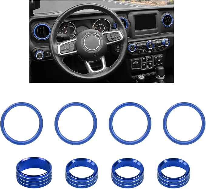 JWWY JL AC Air Vent Trim Rings & Dashboard Headlight Switch Decor Switch Knob Cover Kit Fit for 2018-2023 Jeep Wrangler JL JLU Interior Accessories, Aluminum Alloy 8PCS Blue