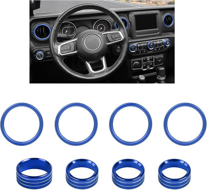 JWWY JL AC Air Vent Trim Rings & Dashboard Headlight Switch Decor Switch Knob Cover Kit Fit for 2018-2023 Jeep Wrangler JL JLU Interior Accessories, Aluminum Alloy 8PCS Blue