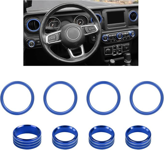 JWWY JL AC Air Vent Trim Rings & Dashboard Headlight Switch Decor Switch Knob Cover Kit Fit for 2018-2023 Jeep Wrangler JL JLU Interior Accessories, Aluminum Alloy 8PCS Blue