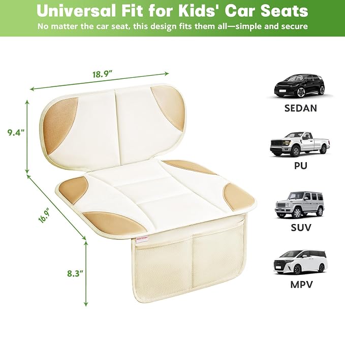 Siivton Car Seat Protector for Kids, Anti-Slip Design, Thick Padding, Prevents Seat Marks, 2 Storage Pockets for Toys & Snacks, Fits Most Cars, Black (Beige, 1 Pack)