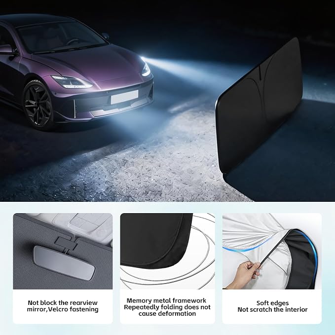 Windshield Sun Shade for Hyundai Ioniq 6 2023-2026 Sunshade 300T Windshield Cover Protector Blocks UV Rays Custom Fit Ioniq6 Front Window Shades Windshield Accessories Keep Cool Foldable