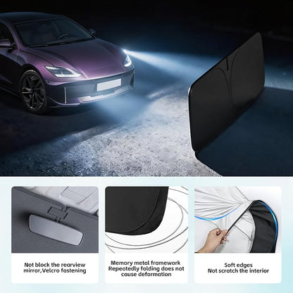 Windshield Sun Shade for Hyundai Ioniq 6 2023-2026 Sunshade 300T Windshield Cover Protector Blocks UV Rays Custom Fit Ioniq6 Front Window Shades Windshield Accessories Keep Cool Foldable