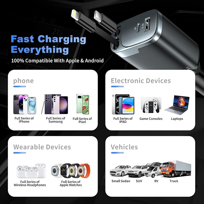 Retractable Car Charger, 4 in 1 Car Charger USB C Fast Charge, Cigarette Lighter USB Charger, Travel Essentials Car Accessories Gifts for Men Women for iPhone 17 16 15 14 13 12 Pro Max, Samsung