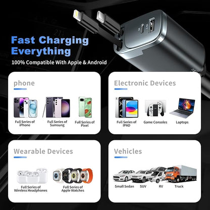 Retractable Car Charger, 4 in 1 Car Charger USB C Fast Charge, Cigarette Lighter USB Charger, Travel Essentials Car Accessories Gifts for Men Women for iPhone 17 16 15 14 13 12 Pro Max, Samsung