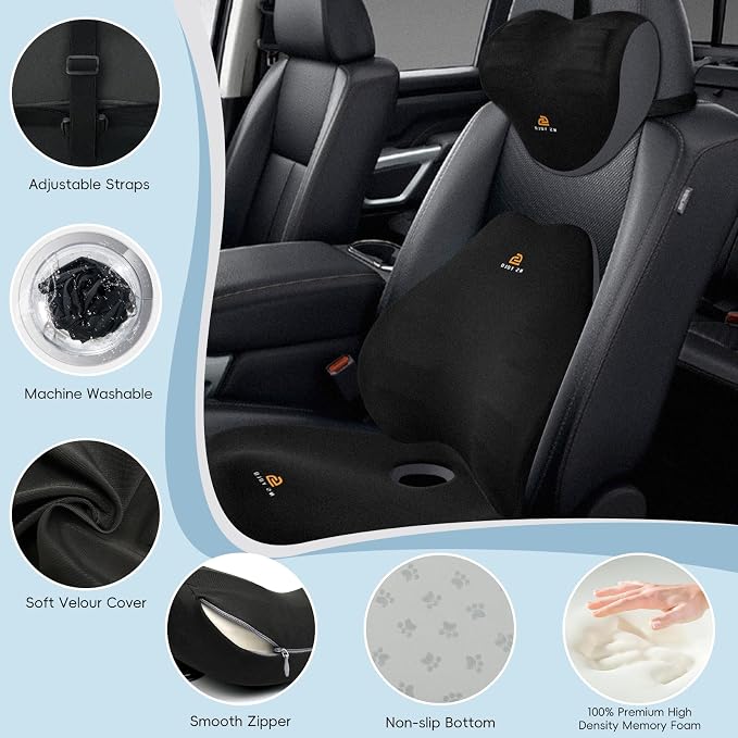 NS YOLO Ergonomic Car Seat Cushion with Comfort Memory Foam Neck Pillow, Car Pillow,Lumbar Support and Big Size Soft Seat Cushion for Driving Seat,Office Chair and Wheel Chair (Black and Grey-3 pcs)