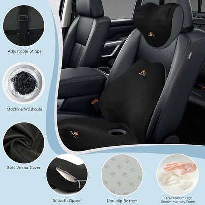 NS YOLO Ergonomic Car Seat Cushion with Comfort Memory Foam Neck Pillow, Car Pillow,Lumbar Support and Big Size Soft Seat Cushion for Driving Seat,Office Chair and Wheel Chair (Black and Grey-3 pcs)