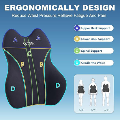 QUTOOL Lumbar Support Pillow for Car, Truck Accessories Travel Essentials, Memory Foam Back Cushion for Driving Seat, Back Pain Relief,Washable Cover, Lower Back Support Fits Most Cars(Black)