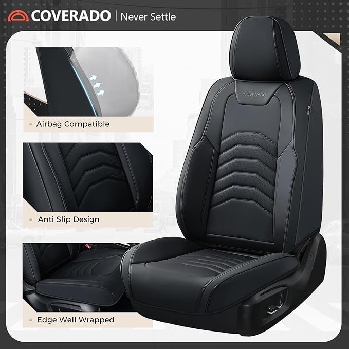 Coverado Car Seat Covers, 5 Seats Black Seat Covers for Cars, Front and Back Seat Cover for Cars Luxury Faux Leather Waterproof Seat Covers Car Seat Protector Universal Fit for Most Cars Trucks SUV