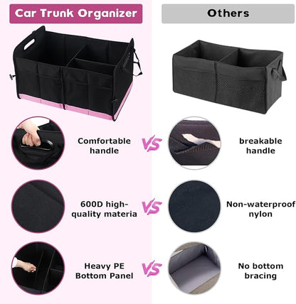 Car Trunk Organizer, 72L Large Capacity Waterproof Auto Storage Organizer with Non-Slip Bottom Strips, Collapsible Cargo Organizer for Suv, Truck, Sedan, Portable Car Accessories for Women Men(Pink)