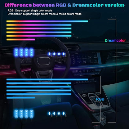 Dreamcolor Acrylic Interior Car LED Strip Light with Wireless APP, RGB 14 in 1 with 175 inches 593 Neon Car Ambient Lighting Kits, Dual Zone Music Sync LEDs Fiber Optic Strip Neon Lights for Car
