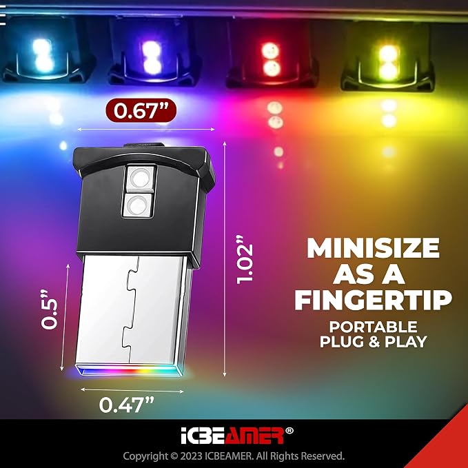 ICBEAMER Mini Smart USB Type-A 2-Pack (Blue) | LED Night Light for Car Interior, Trunk, Center Console, Easy Plug-in, Enhance Automotive Ambiance, Perfect for Night Use