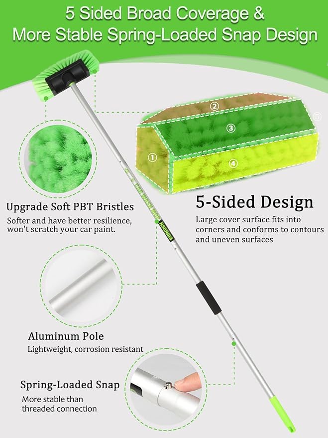 Jisejima Five-Sided Car Wash Brush with Long Handle，Soft Bristle Scrub Cleaning Mop with Extendable Handle for Car, SUV, Truck, Caravan, Boat, House Siding, Sweep Snow 60”/151cm