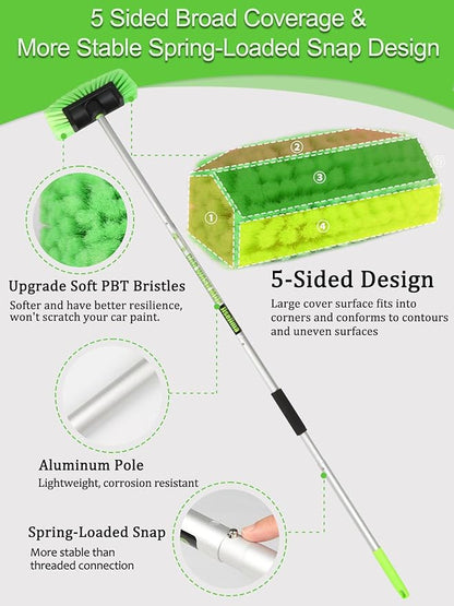 Jisejima Five-Sided Car Wash Brush with Long Handle，Soft Bristle Scrub Cleaning Mop with Extendable Handle for Car, SUV, Truck, Caravan, Boat, House Siding, Sweep Snow 60”/151cm