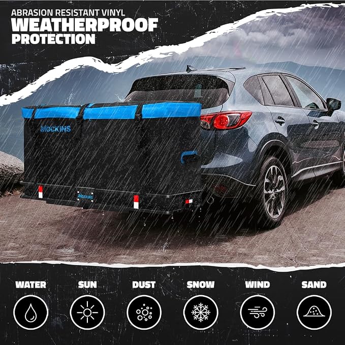 Mockins 25 Cu Ft Large Weatherproof Trailer Hitch Cargo Carrier Bag Set | 60"x24"x31" Waterproof Cargo Bag for Hitch Carrier & Truck Bed | Vinyl Vehicle Soft-Shell Carriers w/ Straps, Lock & Case