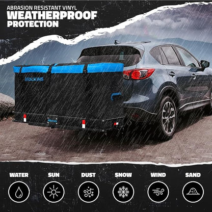Mockins 25 Cu Ft Large Weatherproof Trailer Hitch Cargo Carrier Bag Set | 60"x24"x31" Waterproof Cargo Bag for Hitch Carrier & Truck Bed | Vinyl Vehicle Soft-Shell Carriers w/ Straps, Lock & Case