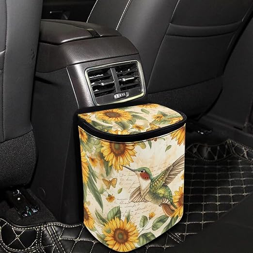 BIGCARJOB Hummingbird Sunflower Car Trash Bin Hanging Accessories Storage Bag for Women Girly Cute With Lid Collapsible Reusable